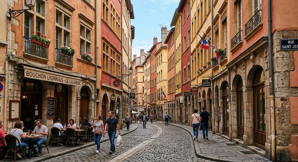 Historic street in Vieux Lyon with colorful Renaissance buildings and cobblestones