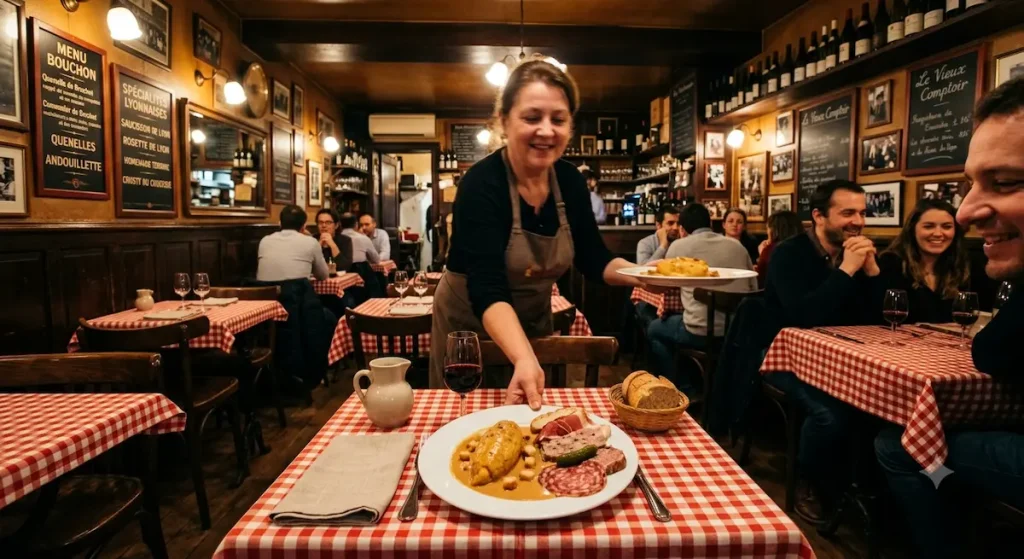 Traditional bouchon restaurant interior in Lyon with checkered tablecloths
