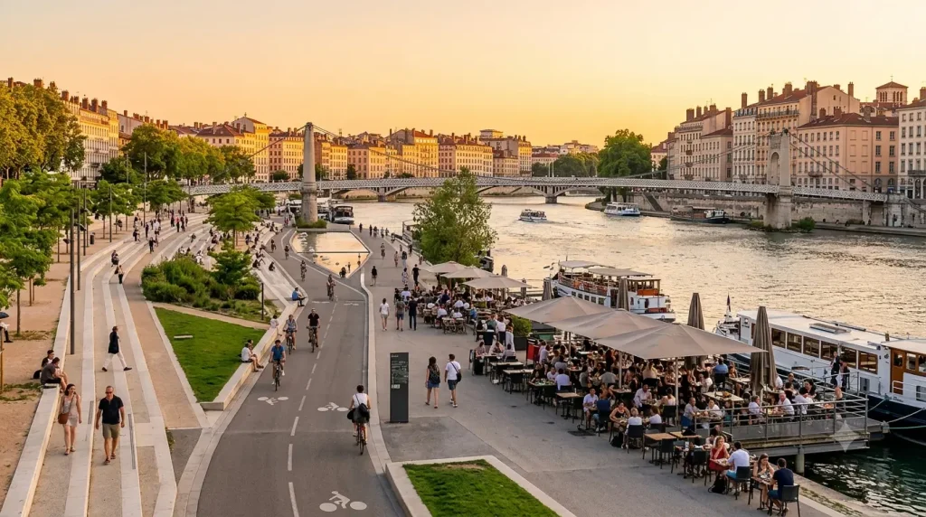 Cyclists and pedestrians walking along the Rhône riverbank in Lyon at sunset