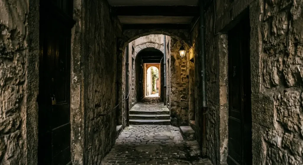 Narrow stone traboule passageway in Croix-Rousse, Lyon